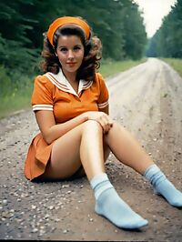 A 41 year old woman wears 50s style outfit on a wooded road at sunset