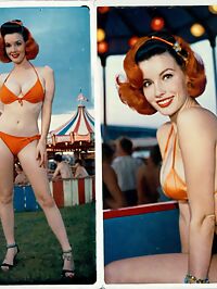 A sultry 1950s siren in an orange bikini captivating the twilight air at a vintage carnival