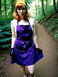 Woman with purple apron and ginger hair hikes solo through dark woods at noon