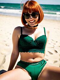 A sultry redhead in retro swimsuits poses on sun kissed beach sands