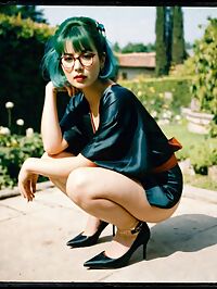 Petite 45 year old woman with slicked hair poses in a lush garden afternoons