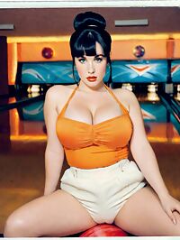 A sultry 26 year old woman in a 1960s bowling alley